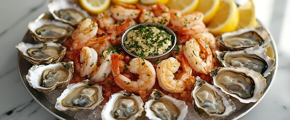 Fresh Seafood Platter Shrimp Oysters Lemon Elegant Food Image