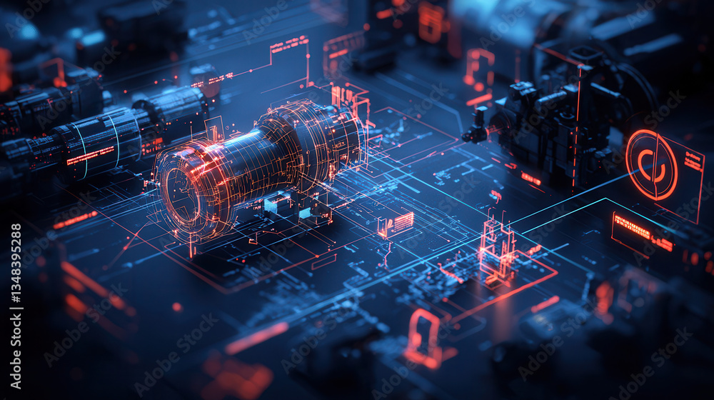 Poster futuristic digital twin simulation of mechanical system with glowing holographic elements and intric