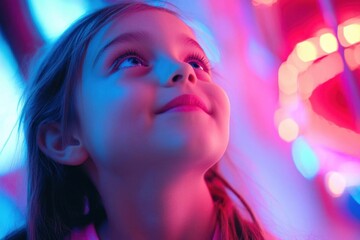 cinematic portrait of childrens wideeyed wonder illuminated by ethereal neon glow capturing pure amazement and shared excitement