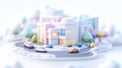 Pastel-colored miniature city, stylized, 3D model, buildings, cars, and trees