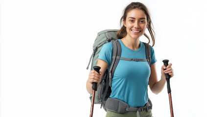 A smiling woman with a backpack is shown holding hiking poles. This is likely a stock photo intended for use in content creation