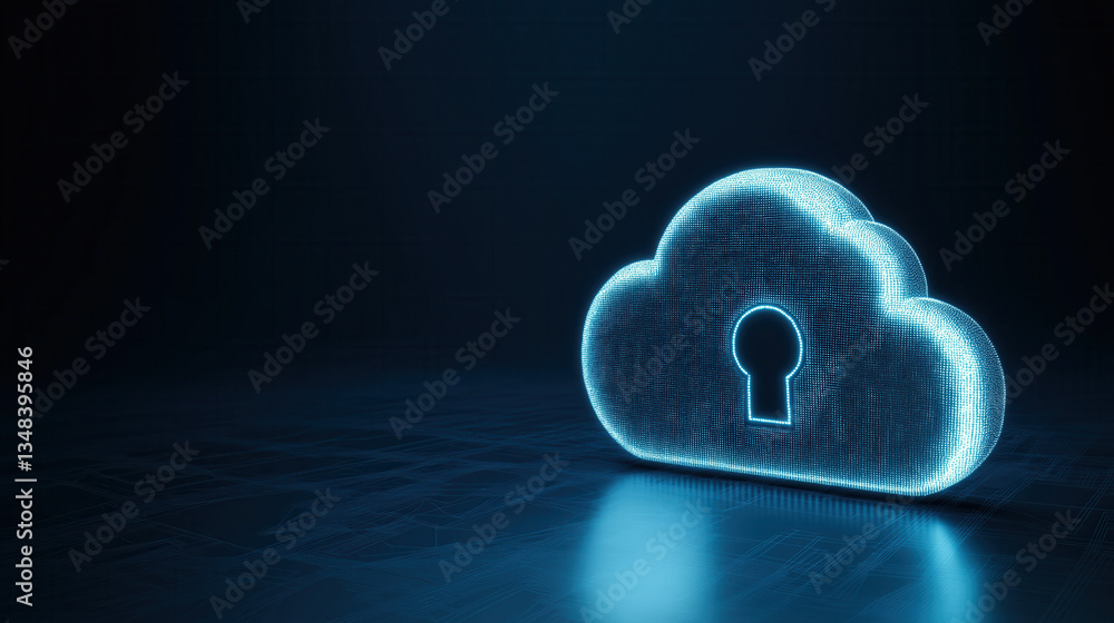 Poster a glowing, digital cloud-shaped icon with a keyhole symbolizes online security and data protection i