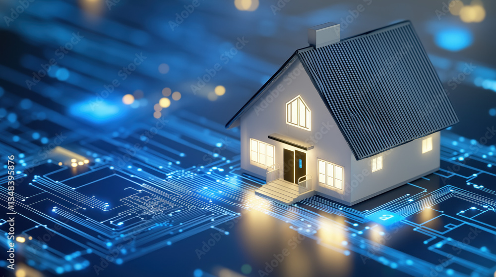 Poster a digital representation of a house on a circuit board, symbolizing the integration of technology an
