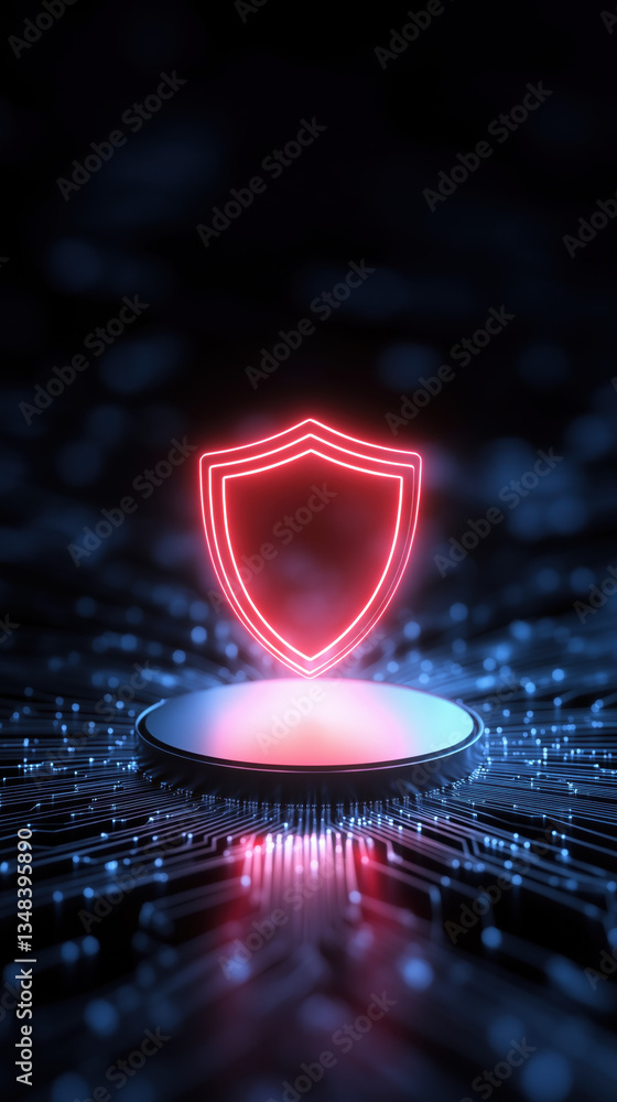 Poster a glowing red shield icon is displayed on a digital circuit board background, symbolizing cybersecur