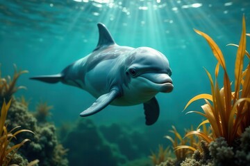 Graceful Dolphin in Vibrant Underwater World, Swimming Amidst Aquatic Plants and Coral Reef
