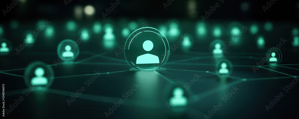Poster a digital network representation with glowing green user icons interconnected, symbolizing connectiv
