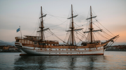 Historic tall sailing ship anchored peacefully in coastal waters.