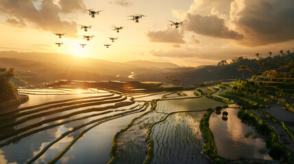 Future of Agriculture: Drone Technology Transforming Rice Terraces in a High-Tech Farming Landscape generate by AI