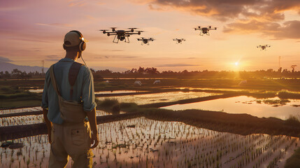 Smart Farming Revolution: Drone Technology Enhancing Agriculture at Sunset generate by AI