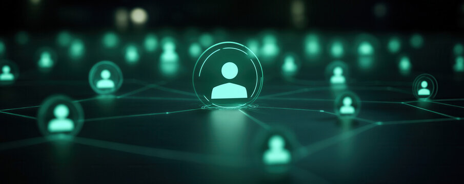 A digital network representation with glowing green user icons interconnected, symbolizing connectivity and digital communication.