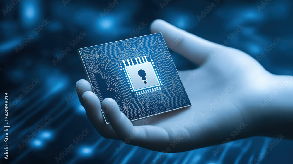 Poster a hand holds a microchip with a lock symbol, symbolizing cybersecurity and digital protection in a b