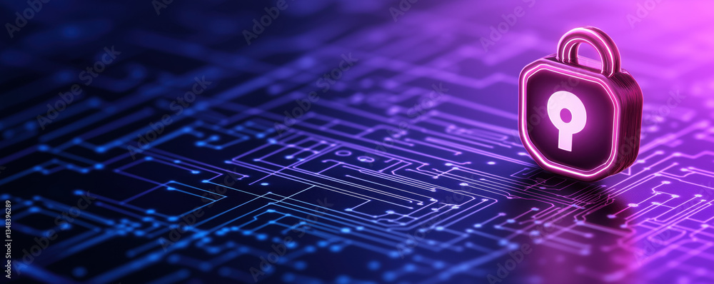 Poster a digital padlock sits against a vibrant circuit background, symbolizing cybersecurity and data prot