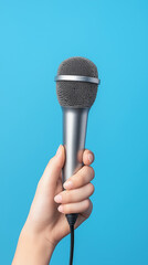 A hand holding a silver microphone against a bright blue background, symbolizing performance, communication, or public speaking.