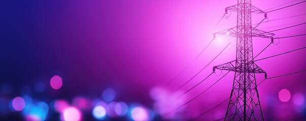 A vibrant image of a power line tower against a colorful, illuminated background, showcasing a blend of purple and blue hues.