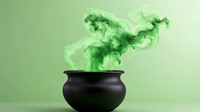 A black cauldron emits swirling green smoke on a soft backdrop.