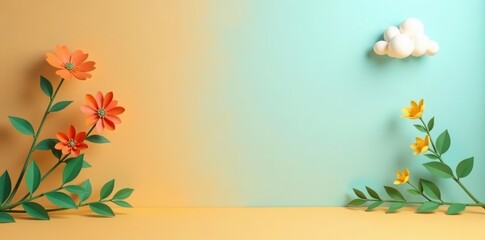 Fototapeta premium Vibrant Paper Flowers Arranged on a Two-Toned Background with a Stylized Cloud