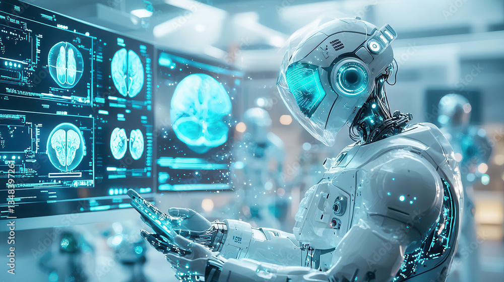 Poster futuristic medical ai robot analyzing patient data on digital screens in high tech laboratory