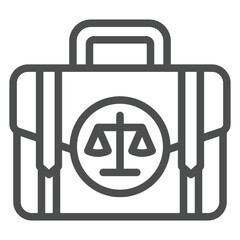 Briefcase with libra scales line icon, jurisprudence concept. Vector graphics. Portfolio bag with legal cases sign on white background, outline style icon for mobile or web design.