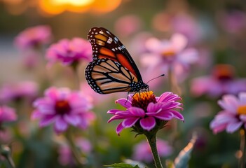 Naklejka premium Monarch Butterfly Resting on Pink Flower in a Sunlit Garden