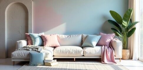Fototapeta premium Modern Sectional Sofa with Pastel Throw Pillows and Blanket in Sunlit Living Room