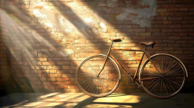 World Bicycle Day background with a vintage bicycle parked against a rustic brick wall. 