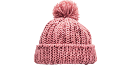 Pink knitted winter hat with pompom on transparent background