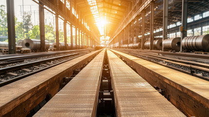 Obraz premium high speed production line featuring molten steel beams in factory illuminated by sunlight