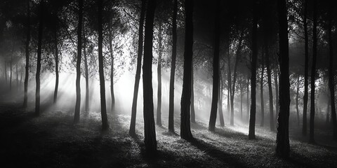 Fototapeta premium Sunlight Shining Through Trees in a Mystical Dark Forest Landscape