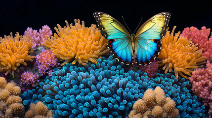 Vibrant Butterfly On Colorful Coral Reef Display