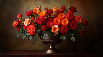 Fototapeta premium A Luxurious Bouquet of Red and Orange Roses in a Vintage Urn