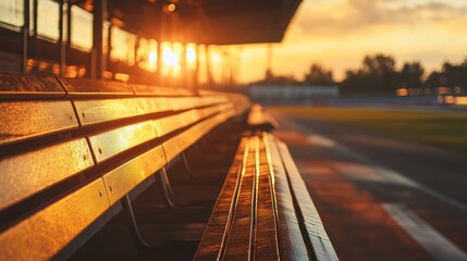 Golden Hour at the Racetrack: Empty Bleachers Bathed in Sunset's Warm Embrace