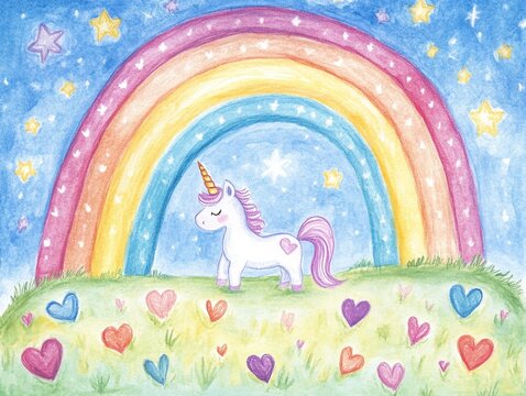 Cute unicorn under rainbow, starry night, hearts