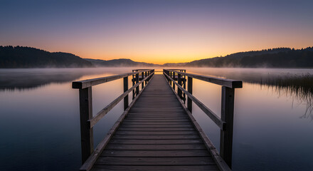Serene Sunrise: Misty Lake Pier at Dawn