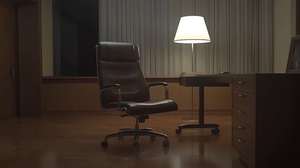 Empty office chair by window at night