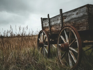 Obraz premium Rustic wooden wagon in tall grass under overcast sky nature photography calm environment side view rural concept