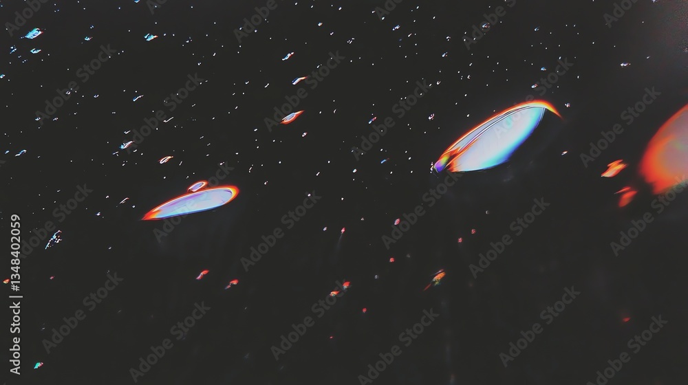 Poster abstract bubbles floating in dark void with rainbow reflections and flares