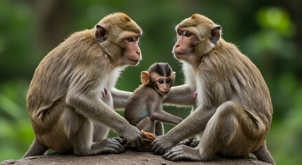 Naklejka premium Monkey Family Portrait Two Monkeys Protecting Baby in Nature