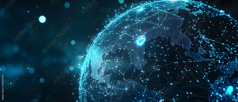 Wall mural a digital globe with a global network and security icon on a black background.