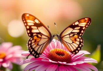 Fototapeta premium Two butterflies gathering nectar from a pink flower in sunlight