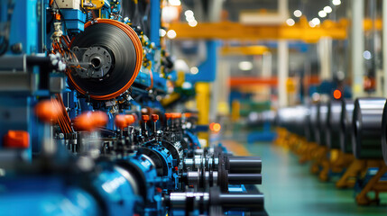 Fototapeta premium modern automated factory with steel coil processing machines, showcasing precision engineering and industrial efficiency