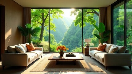 Serene living room with expansive views of a lush, verdant valley visible through floor-to-ceiling windows, complemented by minimalist furniture and indoor plants