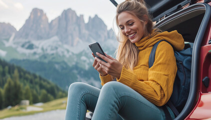 A woman smiles while looking at her phone. She is sitting in the back of an open car trunk with mountains visible in the background