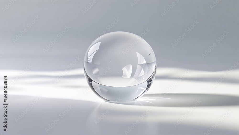 Poster clear glass sphere reflecting light on a smooth surface in a minimalist setting