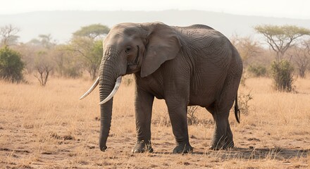 Obraz premium African Elephant in Savanna Grassland at Sunset