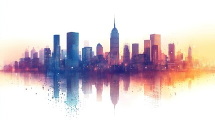 Vibrant Cityscape at Dawn: A Colorful Reflection of Urban Life