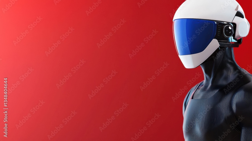 Poster futuristic robot figure with a red background.