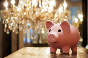 Obraz premium Cute Pink Piggy Bank on Wooden Table with Elegant Chandelier in Soft Focus Background