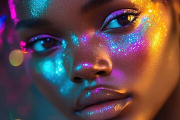closeup beauty portrait with crystalline skin texture ethereal lighting and holographic highlights