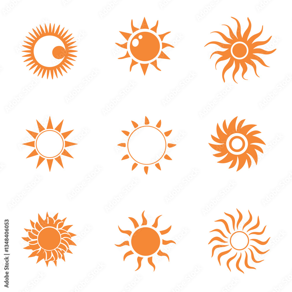 Poster nine different orange sun designs in a three-by-three grid, showcasing varied styles from simple to 
