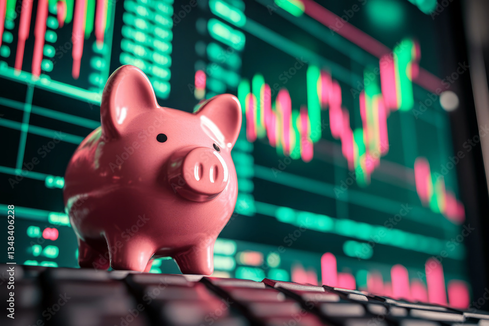 Poster pink piggy bank on computer keyboard with stock market graphs in background